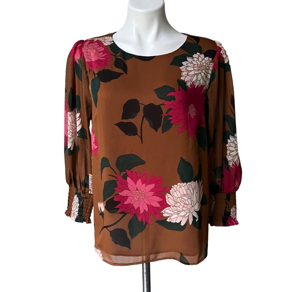 Ann Taylor Factory Sheer Brown Floral Overlay Balloon Sleeve Blouse, Sz M